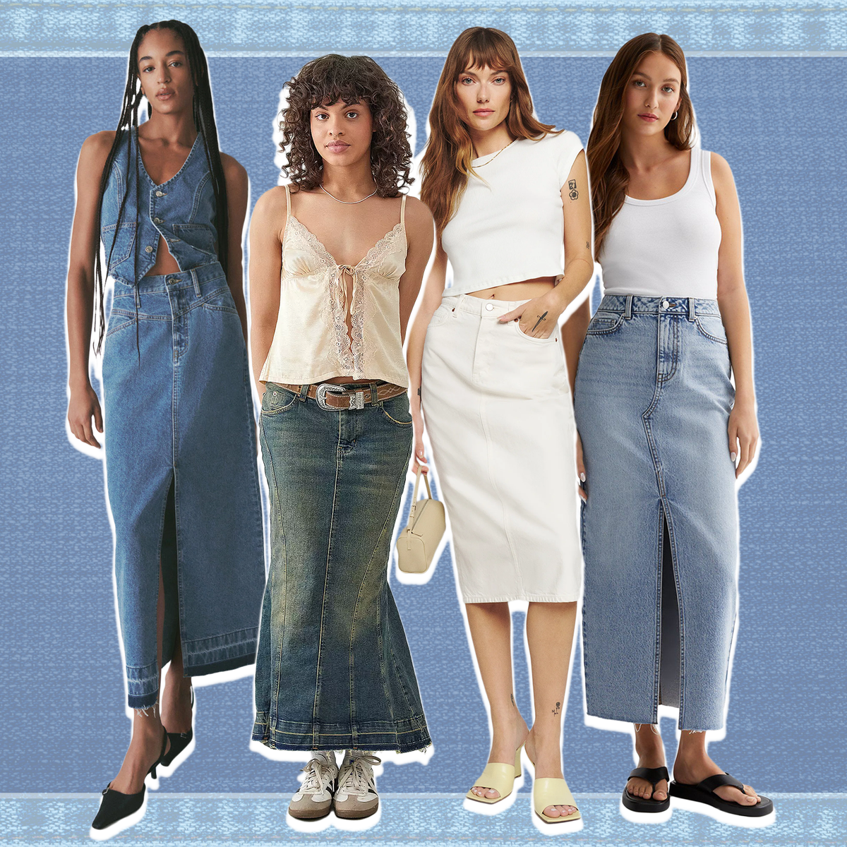 Midi and top maxi denim skirts